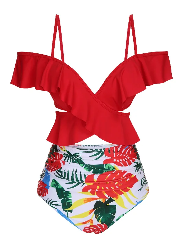 Red 1960s Ruffle Sleeves Tropical Plant Swimsuit Trendy Swimwear Set