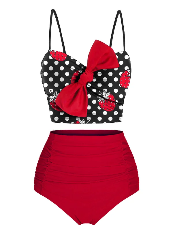 Red & Black 1950s Strawberry Dots Bowknot Swimsuit High-Waist Bikini Set