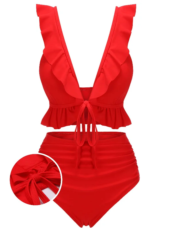 Red 1950s Solid Ruffled V-neck Straps Swimsuit Elegant Swimsuit Bottoms