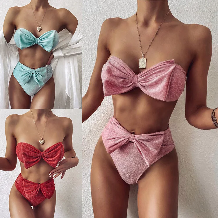 Sexy Bowknot Two Pieces Bikini Swimsuits Strapless Swimsuit Top