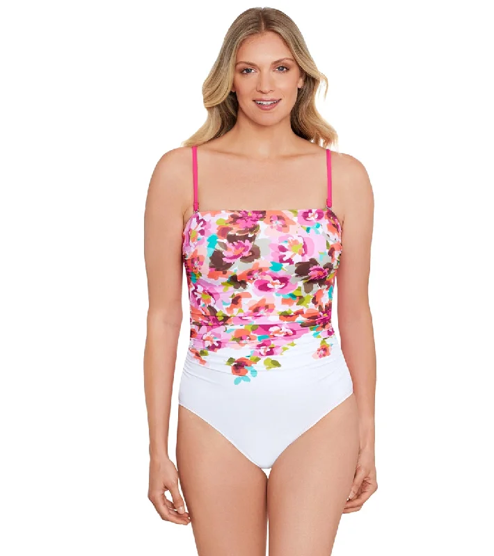 Shape Solver By Penbrooke Women's Border Floral Shirred Bandeau  One Piece Swimsuit Adjustable Strap Swimsuit