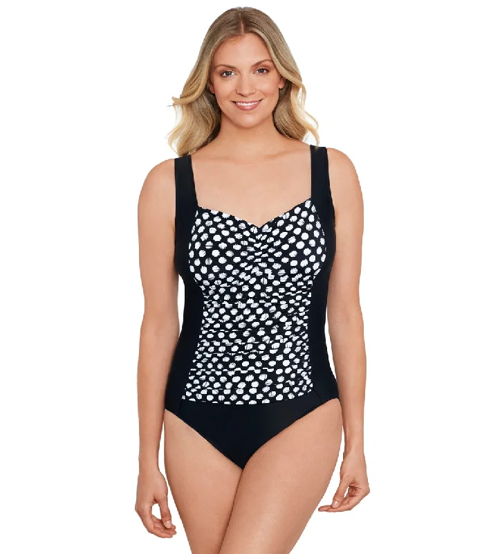 Shape Solver By Penbrooke Women's Spots Shirred Bodice One Piece Swimsuit Adjustable Swim Top