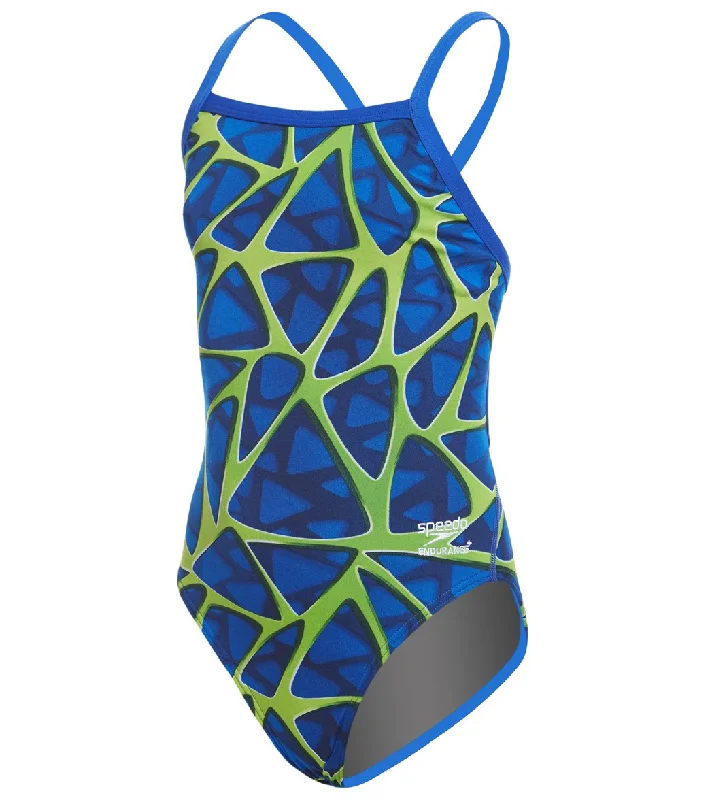 Speedo Endurance+ Girls' Caged Out Flyback One Piece Swimsuit Blue/Green Shiny One-Piece Swimsuit