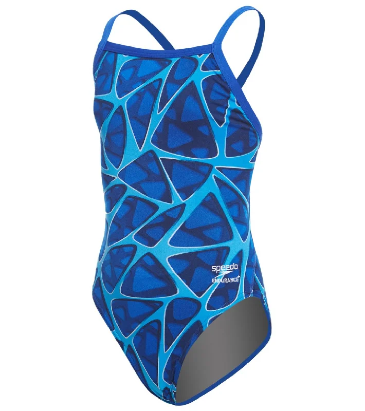 Speedo Endurance+ Girls' Caged Out Flyback One Piece Swimsuit Blue Lace-Detail Bikini Set