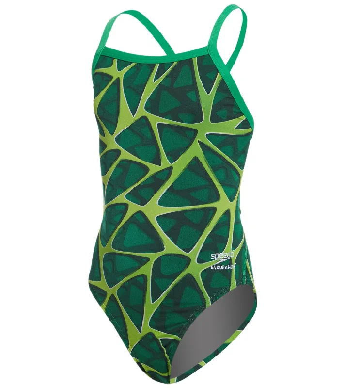 Speedo Endurance+ Girls' Caged Out Flyback One Piece Swimsuit Green Halter Top Bikini