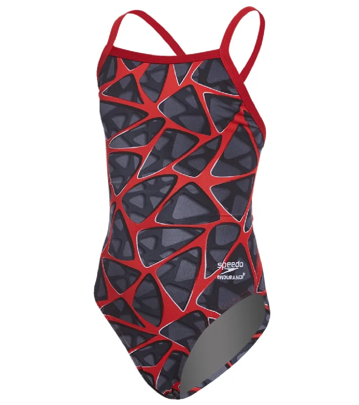 Speedo Endurance+ Girls' Caged Out Flyback One Piece Swimsuit Red High-Waisted Swimwear