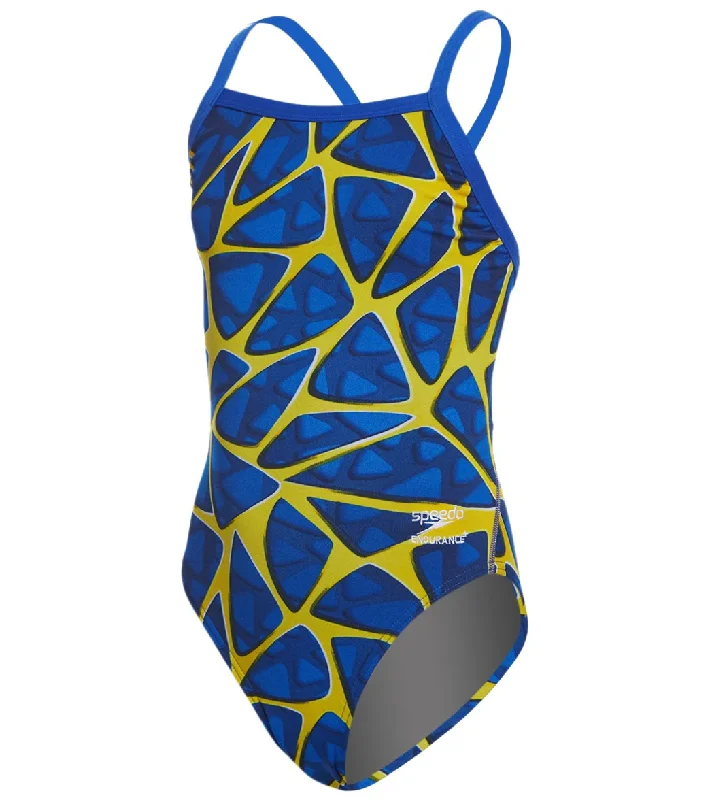 Speedo Endurance+ Girls' Caged Out Flyback One Piece Swimsuit Sapphire/Gold Button-Front Swimsuit