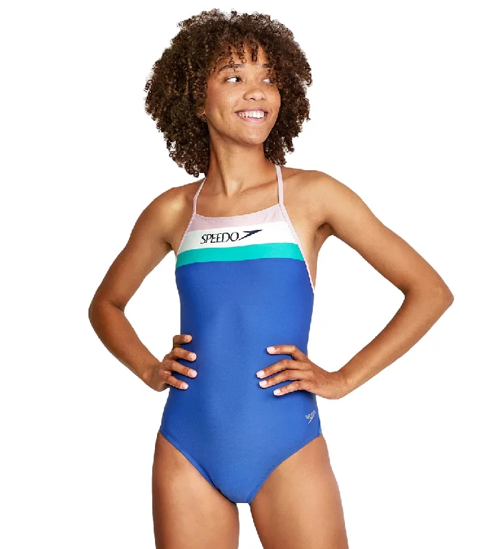 Speedo Vibe Women's Vintage Splice One Back One Piece Swimsuit Dazzling Blue Halter Neck Swimsuit