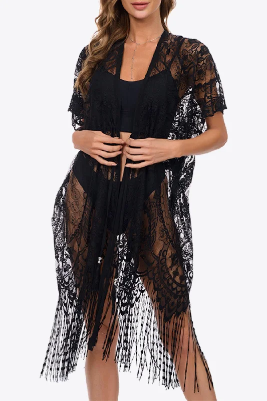 Sunset and Swim Fringe Trim Lace Cover-Up Dress Swimsuit Coverup Plunge Neckline Swimsuit Sunset and Swim Fringe Trim Lace Cover-Up Dress Swimsuit Coverup Plunge Neckline Swimsuit