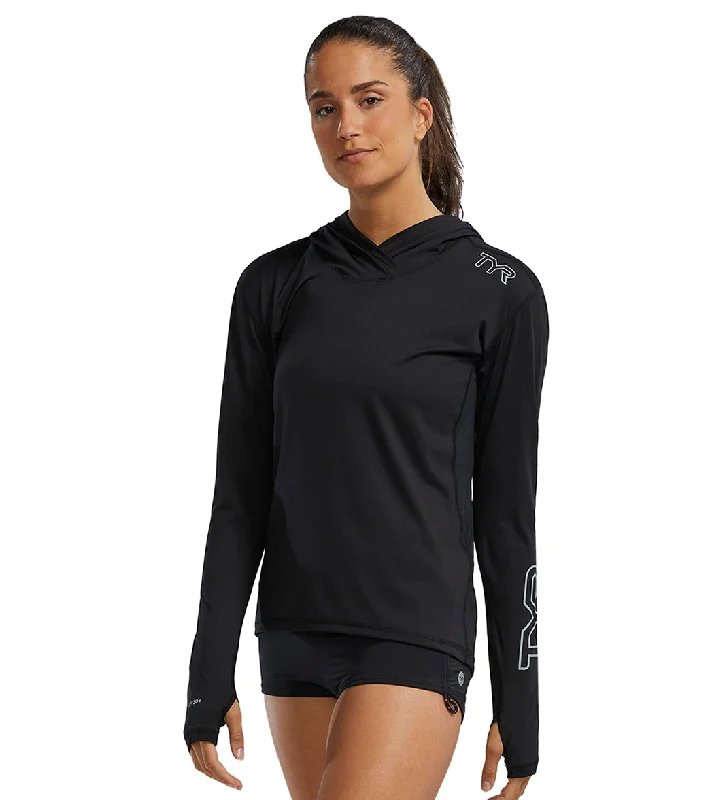 TYR Women's SunDefense Long Sleeve Hooded UPF 50+ Swim Shirt Black Push-Up Swimsuit Top TYR Women's SunDefense Long Sleeve Hooded UPF 50+ Swim Shirt Black Push-Up Swimsuit Top
