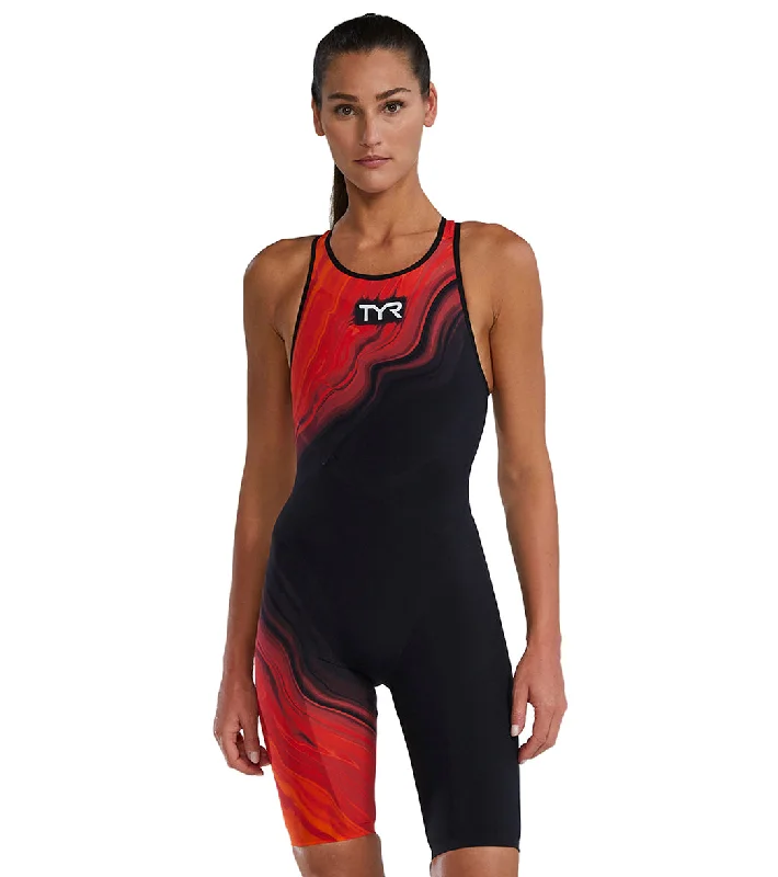 TYR Women's Venzo Volconyx Open Back Tech Suit Swimsuit Red Orange Lace Back Bikini