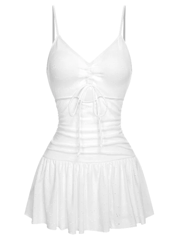 White 1960s Spaghetti Strap One-Piece Swimsuit Soft Beachwear Set