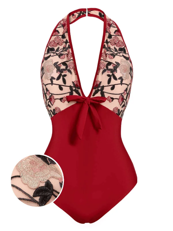 Wine Red 1950s Floral Backless Swimsuit Plus-Size Bikini Set