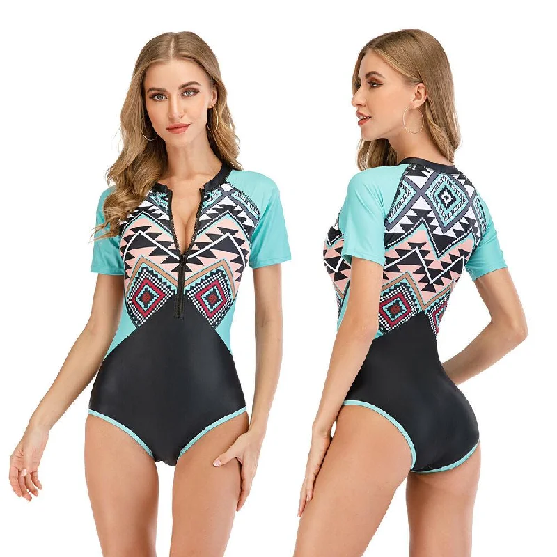 Sexy Short Sleeve One Piece Swimsuit High-Waisted Swimwear