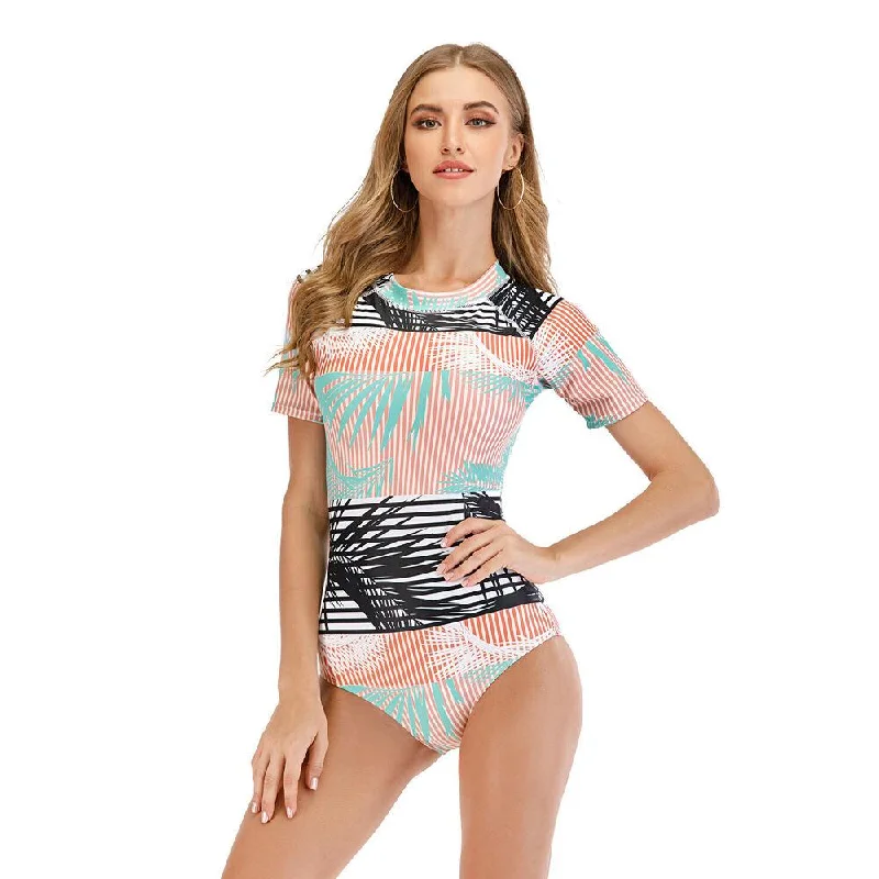 Women Short Sleeve One Piece Swimwear Lace-Detail Bikini Set