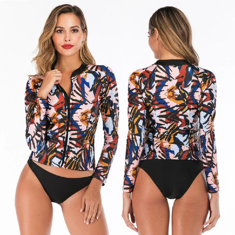 Women Zip Front Long Sleeve Swimwear Color-Block Bikini