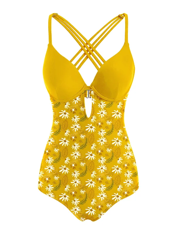 Yellow 1950s Daisy Patchwork Swimsuit Beachy Ruffle Bikini