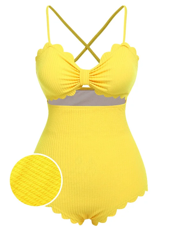 Yellow 1950s Spaghetti Strap One-Piece Swimsuit Reversible Bikini Set