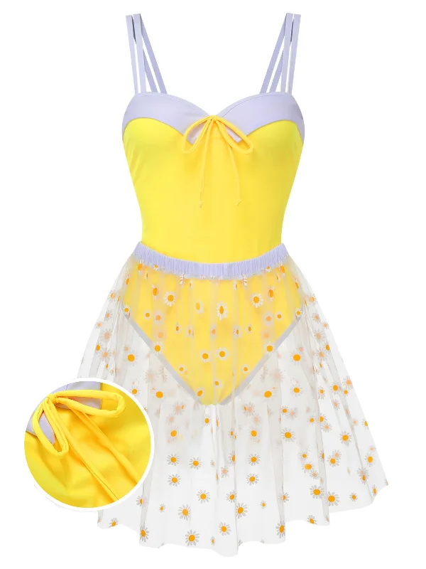 Yellow 1950s Suspender Swimsuit & Daisy Cover-Up Summer Ready Swimsuit