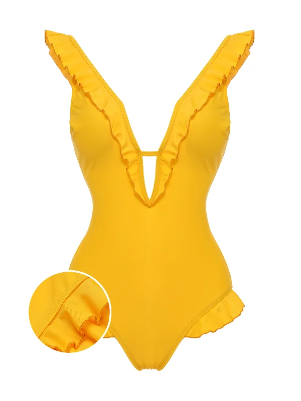 Yellow 1930s V-Neck One-piece Swimsuit Stylish Swimsuit Set