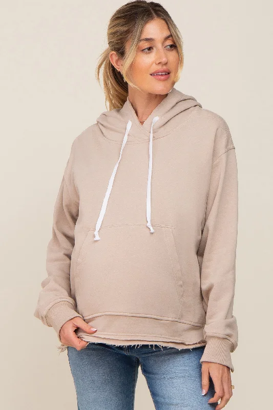 Beige Raw Edge Trim Maternity Drawstring Hoodie Hoodie with Monochrome Minimalist Simple