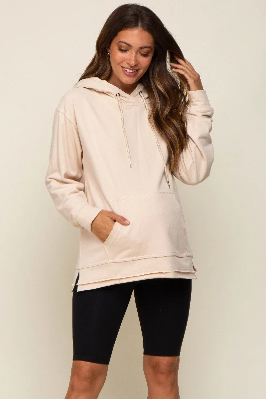 Beige Raw Hem Maternity Hooded Sweatshirt Hoodie with Frayed Bohemian Relaxed