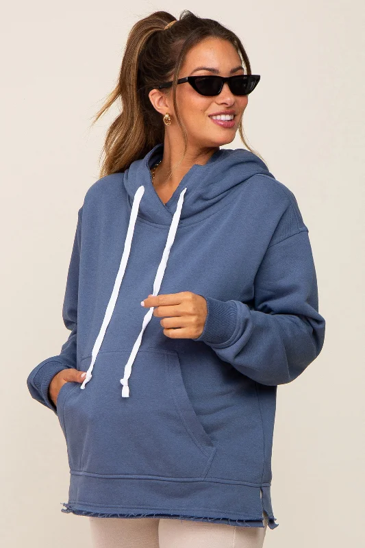 Blue Raw Edge Trim Maternity Drawstring Hoodie Hoodie with Contrast Stitching Detailed Premium