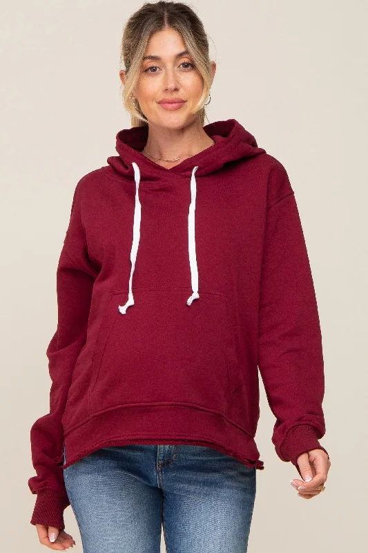 Burgundy Raw Edge Trim Maternity Drawstring Hoodie Hoodie with Relaxed Fit Easy Casual