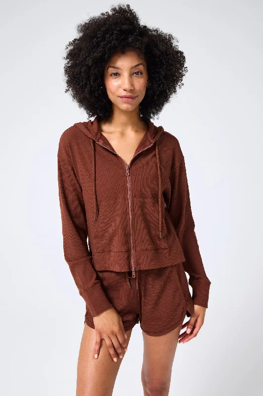 Rib Crop Hoodie in Cafe Hoodie with Hem Fringe Bohemian Relaxed