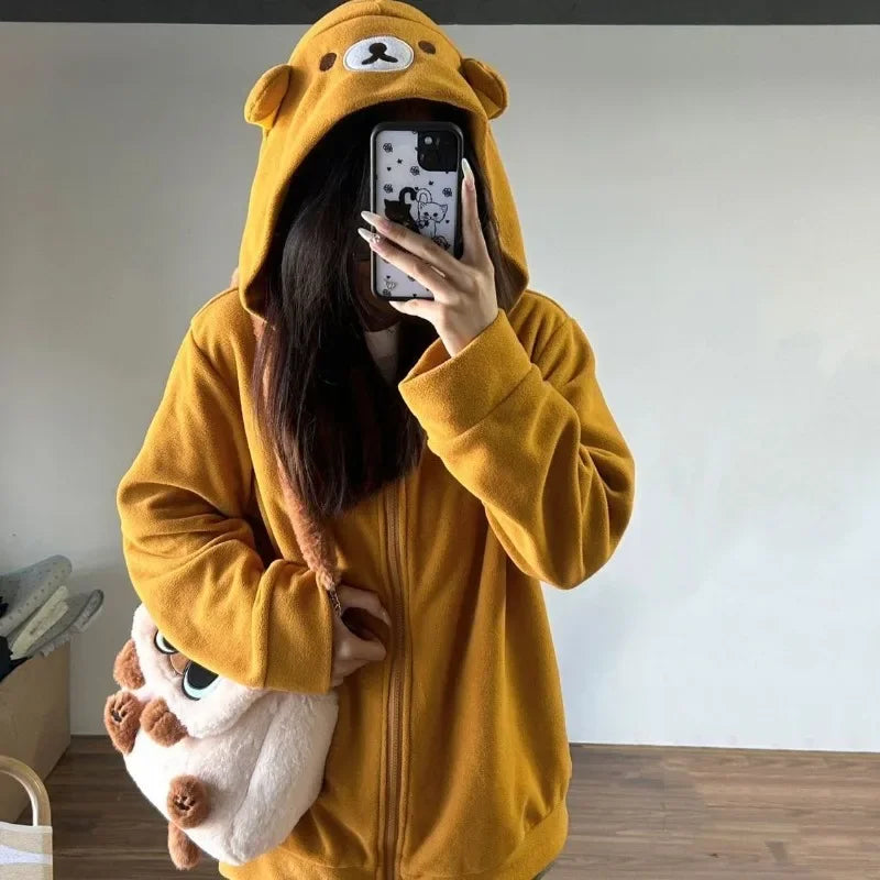 Deeptown Kawaii Zip Up Hoodies Women Oversized Japanese Girl Preppy Style Cute Bear Sweatshirts Sweet Lolita Embroidered Tops Hoodie with Elastic Cuffs Stretchable Comfortable