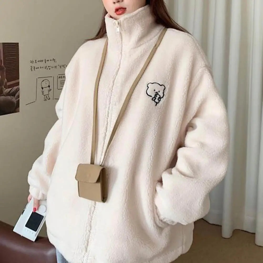 Imitation Lambswool Jacket Zipper Placket Sweatshirt Coat Thickened Plush Winter Jacket with Cartoon Bear Pattern Cozy for Women Hoodie with Oversized Fit Loose Comfortable