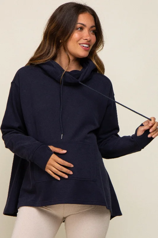 Navy Cowl Neck Maternity Hooded Sweatshirt Hoodie with Distressed Vintage Worn