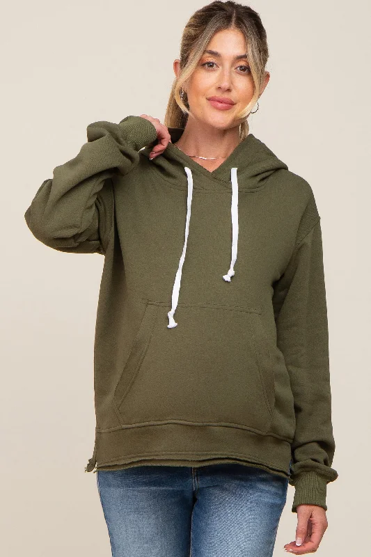 Olive Raw Edge Trim Maternity Drawstring Hoodie Hoodie with Cropped Fit Short Trendy