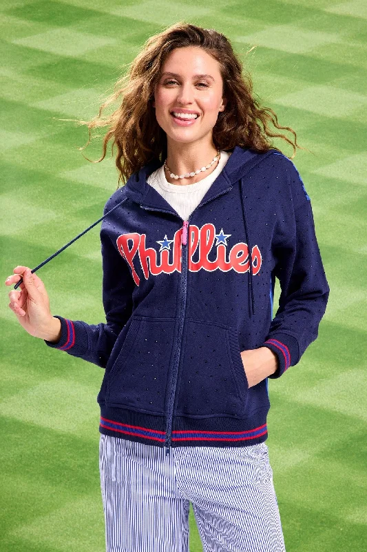 Phillies Gems Zip Up Hoodie in Navy Gems Hoodie with Hem Detail Decorative Unique