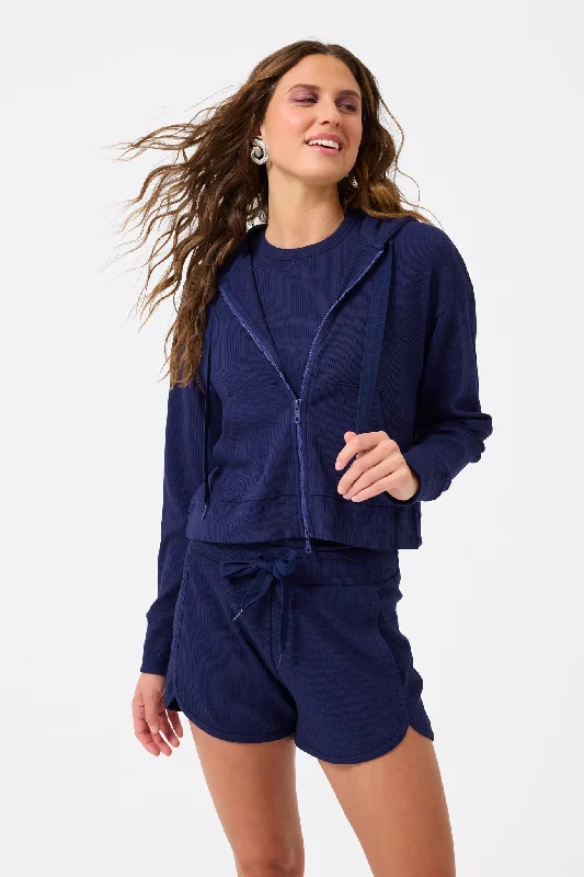 Rib Crop Hoodie in Navy Hoodie with Zipper Placket Modern Functional