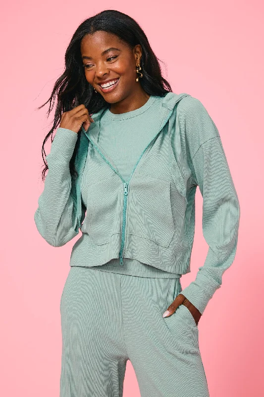 Rib Crop Hoodie in Sage Hoodie with Hem Elastic Stretchable Comfortable