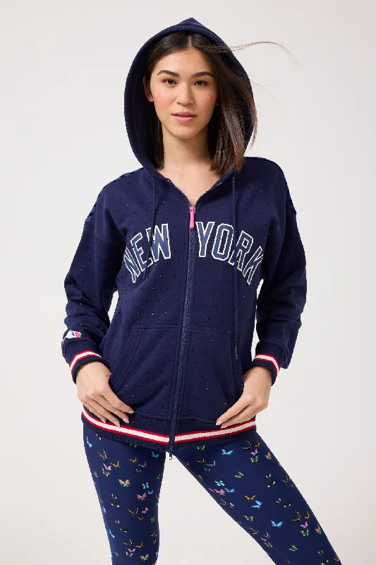 Yankees Gems Zip Up Hoodie in Navy Hoodie with High-Low Hem Asymmetrical Trendy