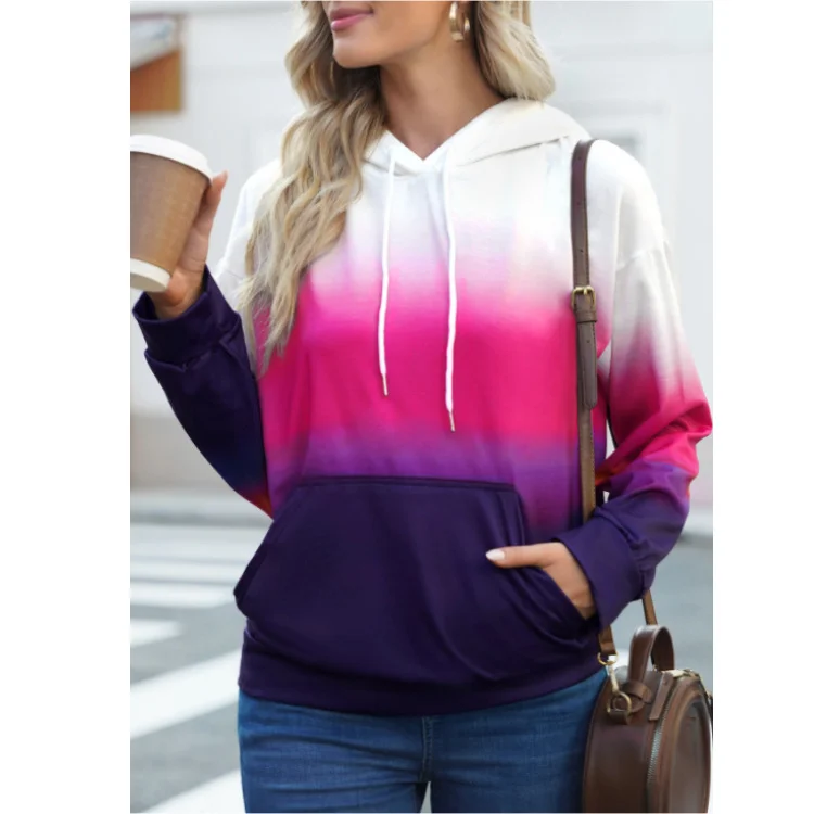 2 Pieces Women'S Autumn/Winter Gradient Print Kangaroo Pocket Hoodie Sweatshirt Hoodie with Hem Raw Edge Edgy Unfinished