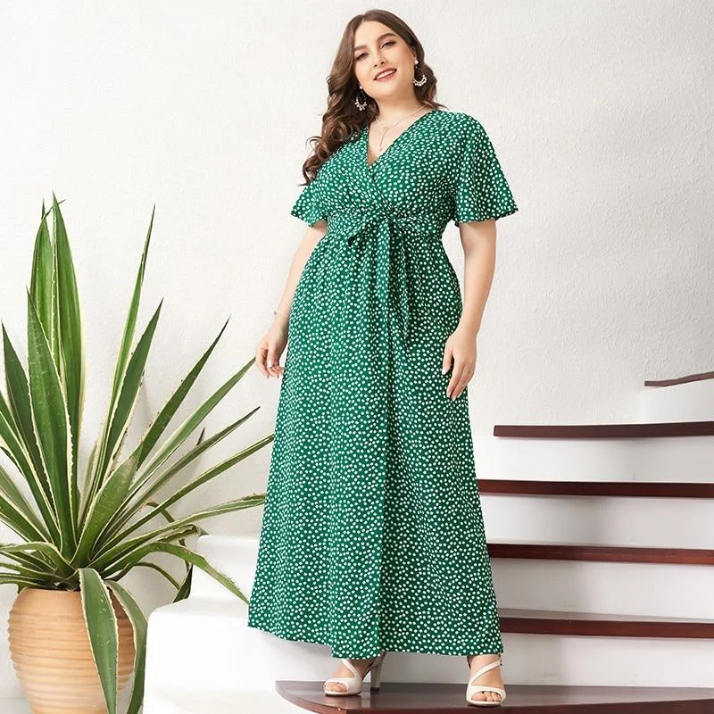 FashionSierra - Summer Maxi Dress Women Green Floral Sashes Front Belted Split Flared Short Sleeve V-neck Boho Holiday Robes Elegant Tiered Maxi Dress