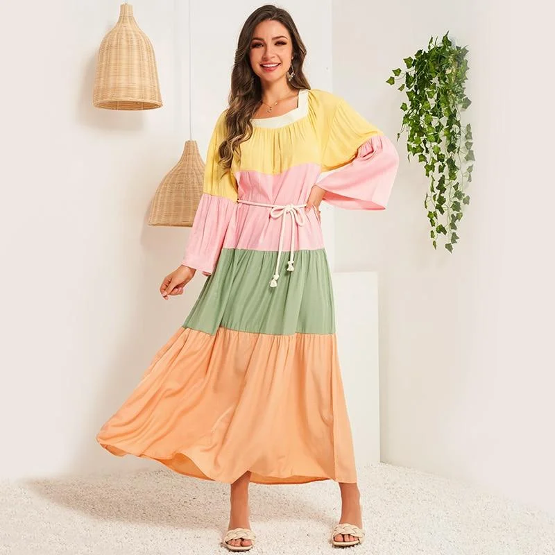 FashionSierra - Summer Women Dress Multicolor Stitching Flared Long Sleeves Sashes Belted Bohemian Holiday Casual Elegant Maxi Dresses Cozy Longline Maxi Dress