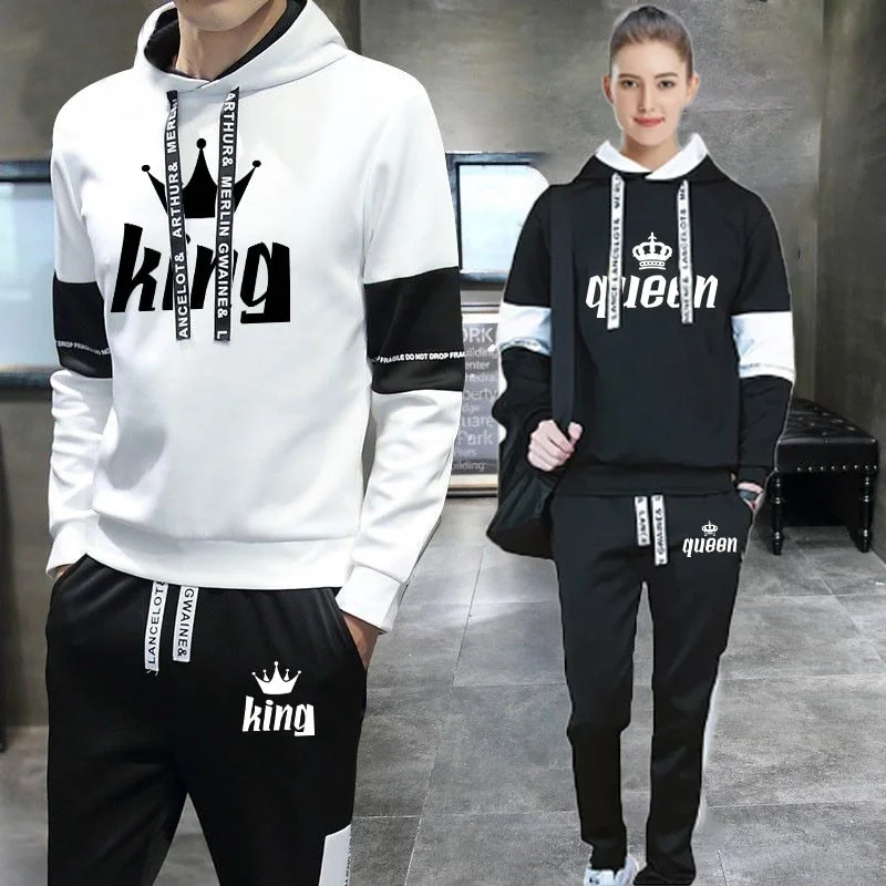 2023 Couples Hooded Tracksuit King or Queen Print Lovers Hoodies Sets Sweatshirt +Jogging Sweapants 2PCS Suits Matching Clothing Hoodie with Zipper Placket Modern Functional