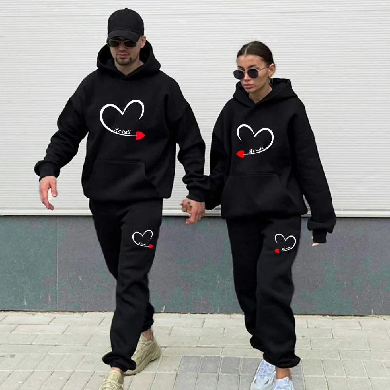 2023 Couples Tracksuit Love Heart Print Lover Hoodie and Pants 2 PCS Clothes Men Women Sweatshirts and Trousers Fleece Suits Hoodie with Elastic Waist Stretchable Comfortable