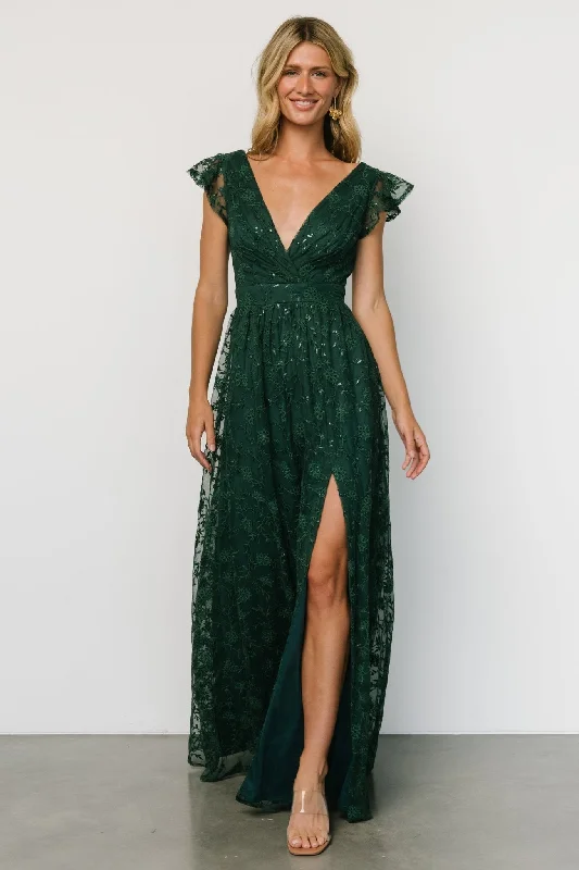 Alexa Embroidered Sequin Maxi Dress | Dark Green Fashionable High-Low Maxi Dress