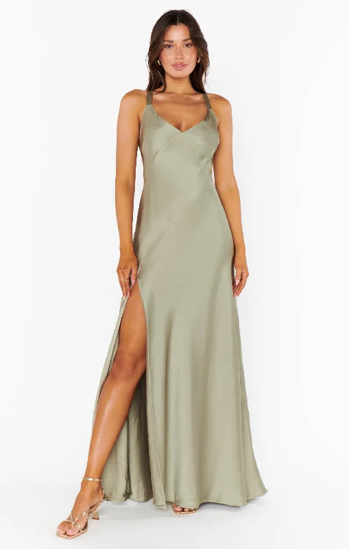 Anderson Maxi Dress ~ Moss Green Luxe Satin Trendy Fit-and-Flare Maxi Dress