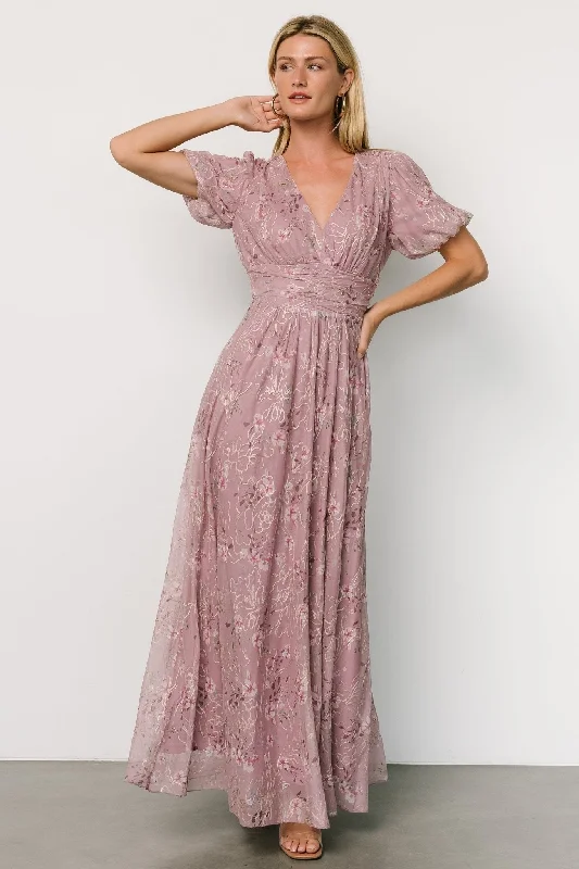 Ardley Maxi Dress | Vintage Plum Floral Comfortable Ruffle Hem Maxi Dress