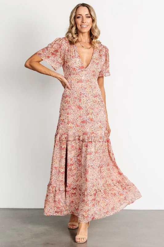 Audrey Deep V Maxi Dress | Blush Floral Elegant Velvet Maxi Dress