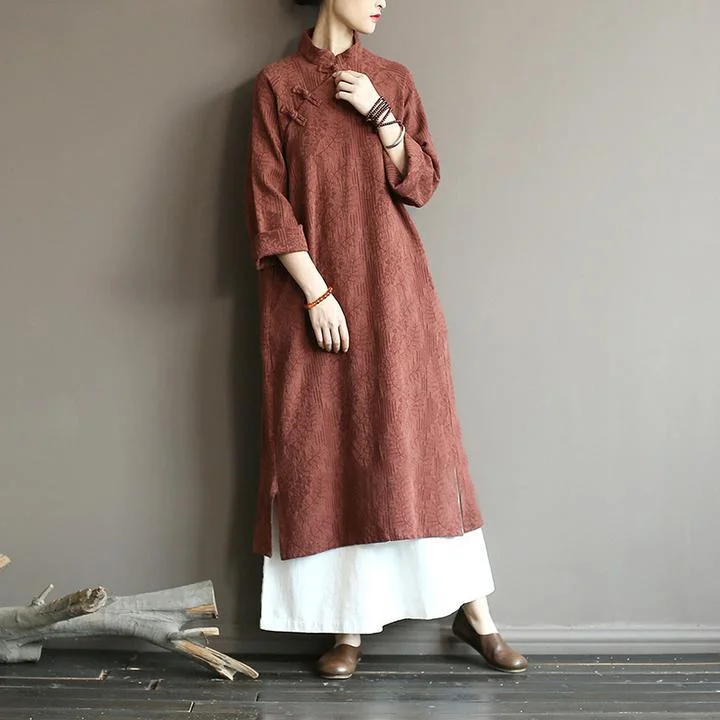 Autumn Loose Literary Vintage Linen Maxi Dress Cozy Maxi Dress with Slit