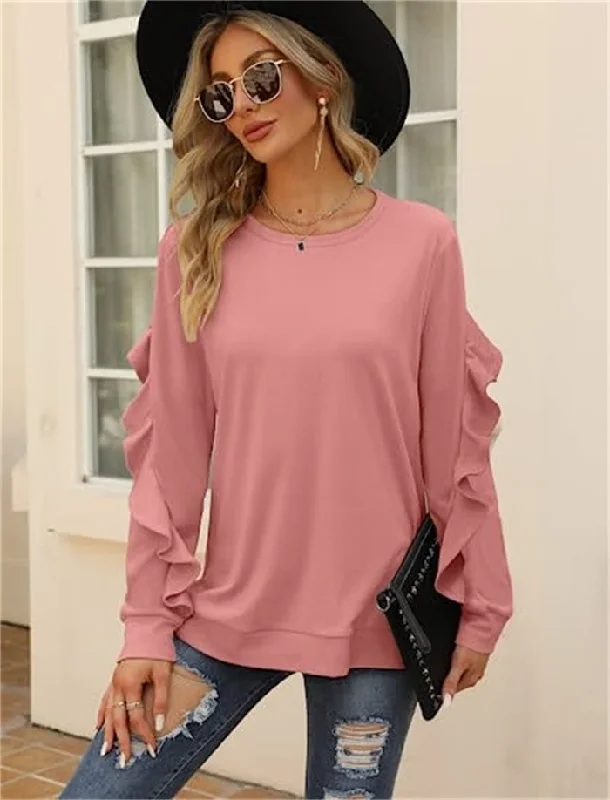 Autumn Winter Women Casual Round Neck Long Sleeve Ruffled Sweatshirt Hoodie with Pocket Utility Practical