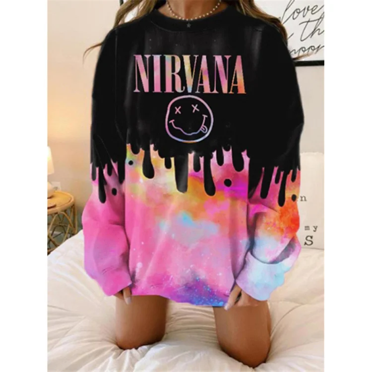 Autumn Winter Women Round Neck Letter Printed Loose Sweatshirt Hoodie with Side Slits Relaxed Casual