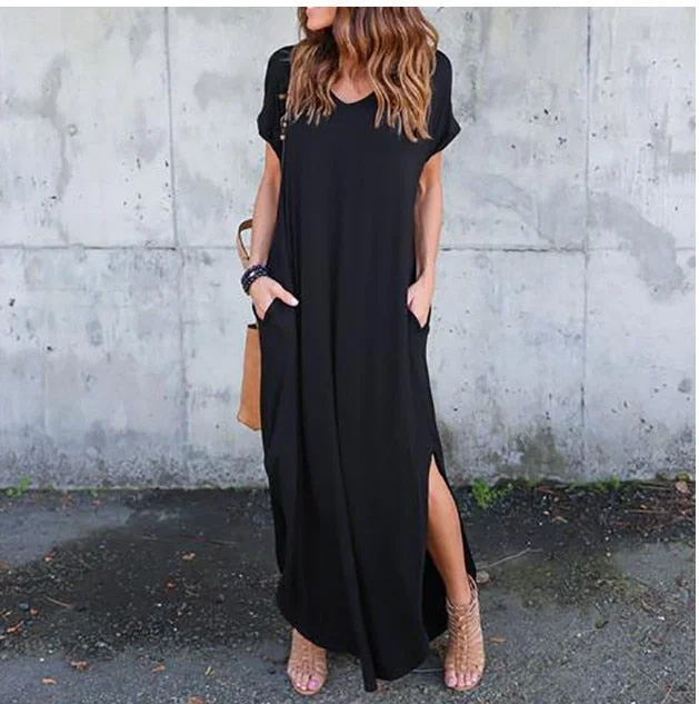 Asymmetrical Maxi Dress Short Sleeve Split Comfortable Maxi Dress with Sleeves